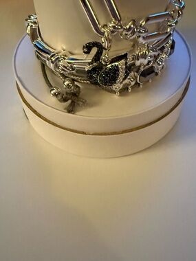 Silver Swan Charm Bracelet with Black Crystal Accent